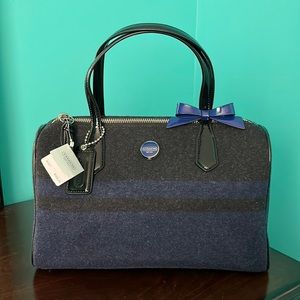 NWT Coach Signature Stripe Wool Satchel in Silver/Charcoal/Cobalt (F24784)